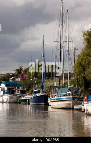 Yachten und Motorboote vor Anker im Sandwich Marina entlang der Mündung des Flusses Stour, Sandwich, Kent Stockfoto