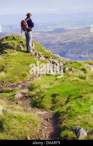 Eine weibliche Wanderer hält am langen Stil, nach Ansicht des Haweswater in der Ferne im Lake District zu nehmen. Stockfoto