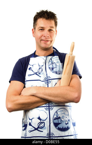 Glückliche Köchin mit Nudelholz, isoliert auf weißem Hintergrund Stockfoto