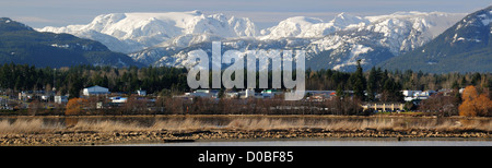 Panoramablick von der Mündung des Flusses Courtney und Comox Gletscher. Courtenay, Vancouver Island, British Columbia, Kanada Stockfoto