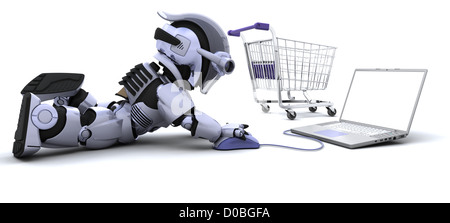 3D Rendern ein Roboter Shopping für Geschenke auf einem laptop Stockfoto