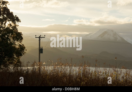 Stromversorgung durch die schottischen Highlands mit dem Gipfel des Baosbheinn in der Ferne ausgeführt. Stockfoto