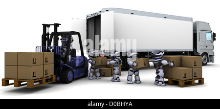 3D Render des Roboters mit einem Aufzug-LKW Stockfoto