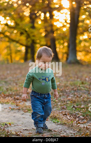 Achtzehn Monate alten Jungen zu Fuß entlang der Pfad im Iroquois Park in Louisville Stockfoto