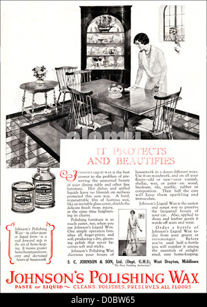 Original 1920er Jahre Vintage Printwerbung aus englischen Magazin Werbung Johnson Polieren Wachs für Haushalt Möbel und Fußböden Stockfoto