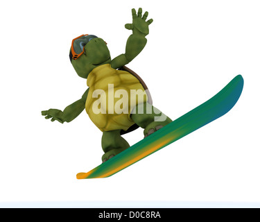 3D Rendern einer Schildkröte ein Snowboard fahren Stockfoto