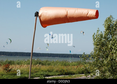 Wetterhahn mit Hintergrund der Kite-Surfer am Strand Stockfoto