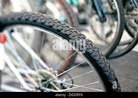 Ein Fahrrad-Rad und Reifen oder Reifen zeigt die Lauffläche, Speichen und Felge. Stockfoto