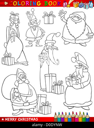 Malbuch oder Seite Cartoon Illustration Weihnachtsthemen Set mit Santa Claus oder Papa Noel, Xmas Geschenke und Dekorationen Stockfoto