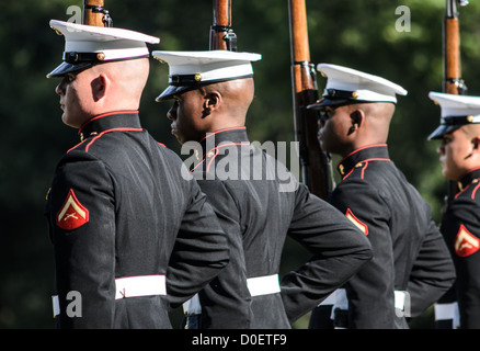 ARLINGTON, Virginia – der Stille Bohrzug des Marine Corps tritt im Sommer dienstags abends bei der Sunset Parade im Iwo Jima Memorial (Marine Corps Memorial) in Arlington, VA, auf. Stockfoto