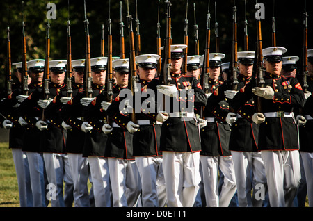 ARLINGTON, Virginia – der Stille Bohrzug des Marine Corps tritt im Sommer dienstags abends bei der Sunset Parade im Iwo Jima Memorial (Marine Corps Memorial) in Arlington, VA, auf. Stockfoto