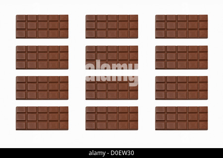 Zwölf Tafeln Schokolade Stück jedem Hintergrund Weiß | Zwölf Tafeln Schokolade stehen nebeneinander, Hintergrund weiß Stockfoto