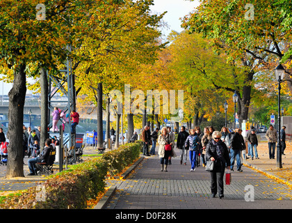 Menschen genießen Sie einen wunderbaren Herbst Nachmittag an den Ufern des Flusses Rhein in Basel Schweiz. Stockfoto