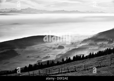 Blick vom Mount Chasseral (Jura-Gebirge) über dem Nebel bedeckt Mittelland und Kanton Bern auf die Schweizer Alpen. Stockfoto