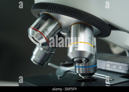 Mikroskop Closeup; Fokus auf blaue Linse; Geringe Schärfentiefe Stockfoto