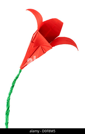 Rote Blume Origami weißen isoliert. Papier hergestellt Blumen. Stockfoto