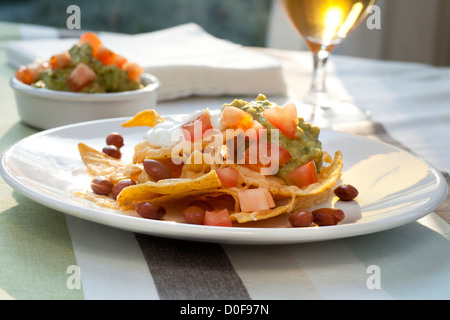 Frische Nacho-Chips mit Bohnen, Tomaten, Käse und guacamole Stockfoto