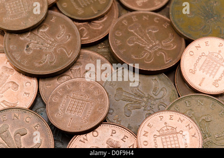 Ein und zwei Pence Münzen. Stockfoto