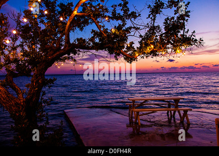 Tisch an der Küste bei Sonnenuntergang an Ananas Bar auf Green Turtle Cay, Bahamas. Stockfoto