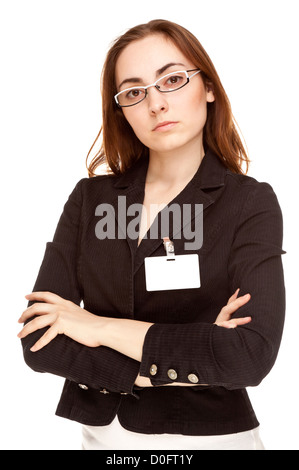 Schöne Geschäftsfrau mit einer leeren des Abzeichens auf der Kamera isoliert Stockfoto