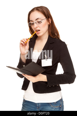 Geschäftsfrau in schwarze Jacke mit Brille isoliert auf weiss Stockfoto