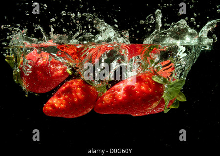 Erdbeeren in Wasser plantschen Stockfoto