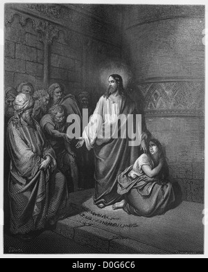 Jesus und die Frau, die beim Ehebruch ertappt worden. (Johannes 8:6,7 ...