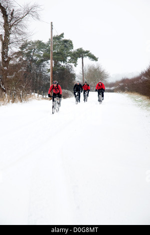 Vier Radler, Radfahren im Winter durch den Schnee einer Gasse Stockfoto