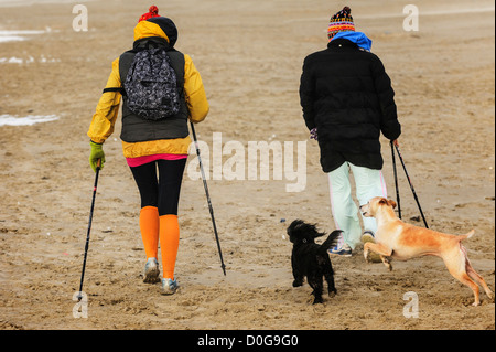 Paar am Strand wandern, im Winter, Niederlande Stockfoto
