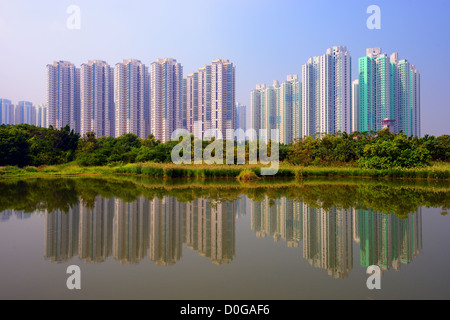 Hochhaus-Wohnungen über Wetland Park in Hong Kong, China. Stockfoto