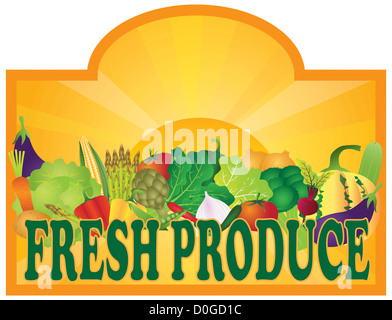 Lebensmittelgeschäft Frischwaren, buntem Gemüse und Sonnenstrahlen Signage Illustration Stockfoto