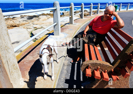 Cape Town, Südafrika. Eine Frau liegt auf einer Bank mit ihrem Hund auf einem Steg am Meer in Cape Town, South Africa. Stockfoto