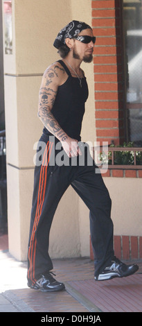 Janes Addiction Gitarristen Dave Navarro, war unterwegs in ein schwarzes Halstuch und Designer-Sonnenbrillen in Los Angeles gesichtet. Stockfoto