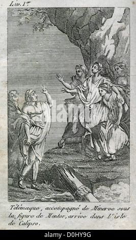 Francois fenelon (1651-1715). Die Abenteuer von telemachus, 1699. telemachos mit Minerva kommt auf die Insel der Calypso. Stockfoto