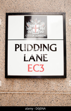Eine traditionelle Stadt von London Straße Zeichen für die berühmten Pudding Lane. Stockfoto