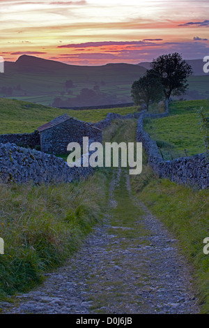 Sonnenuntergang über Ribblesdale aus Ziege Narbe Gasse in der Nähe von Stainforth in den Yorkshire Dales National Park. Stockfoto