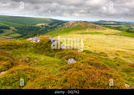 Blick vom Chinkwell Tor in Richtung Honeybag Tor im Dartmoor National Park. Stockfoto