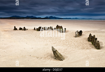 Ein Schiffswrack in den Sand der Traeth Penrhos gefangen. Stockfoto