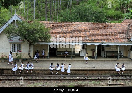 Schulkinder in Uniform am Demodara Bahnhof in der Nähe von Ella im Hochland von Sri Lanka. Stockfoto