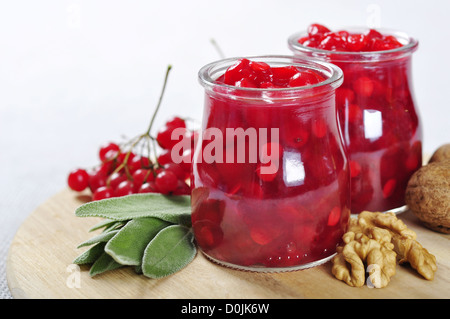 Gläser mit hausgemachten Viburnum Marmelade auf einem Holzbrett Stockfoto