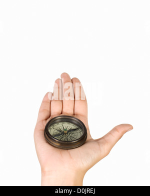 Nahaufnahme einer Person Hand hält einen Kompass Stockfoto