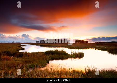bunte dramatische Sonnenaufgang über dem See von Leekstermeer Stockfoto