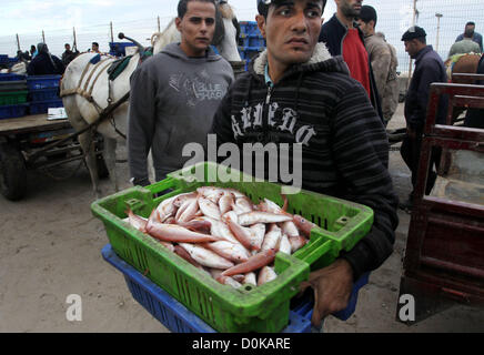 27. November 2012 - Gaza-Stadt, Gazastreifen, Palästina - palästinensische Männer verkaufen Fisch auf einem Markt in Gaza-Stadt 27. November 2012. Israel gelockert Beschränkungen auf Gaza Fischer am Samstag weitere Umsetzung von Ägypten nach einer Woche heftige Kämpfe, palästinensische Beamte sagte ausgehandelten Waffenstillstand (Credit-Bild: © Naaman Omar/APA Images/ZUMAPRESS.com) Stockfoto