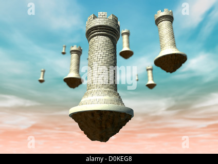 Ein Konzept-Bild zeigt Ziegel gemacht Schach-Burgen, die gegen eine Pnk und blauer Himmel schweben Stockfoto
