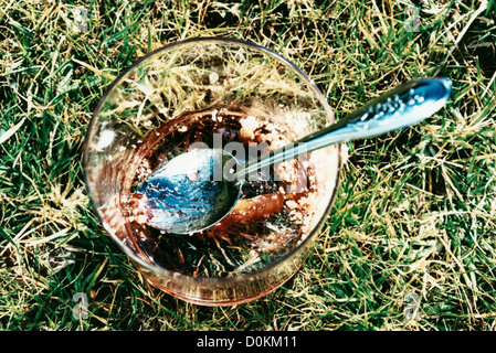 Reste der Rhabarber-Crumble im Töpfchen Stockfoto