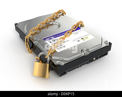 Geschützte Hdd. Kette und Schloss auf Festplatte gespeichert. 3D Stockfoto