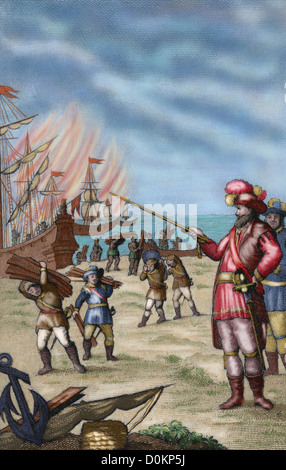 Hernan Cortes (1488-1547). Spanische Eroberer von Mexiko. Cortes, die Zerstörung seiner Flotte o verhindert Überläufer unter seiner Crew. Stockfoto