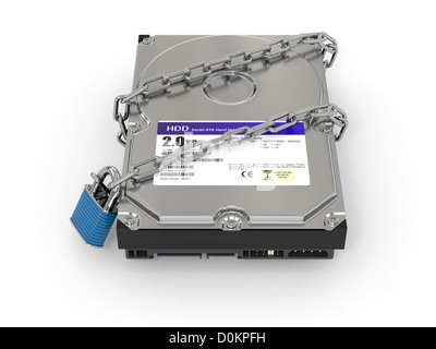 Geschützte Hdd. Kette und Schloss auf Festplatte gespeichert. 3D Stockfoto