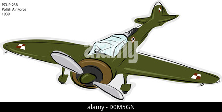 Skizze von PZL P-23 b polnische Luftwaffe Kampfflugzeug über weiß Stockfoto