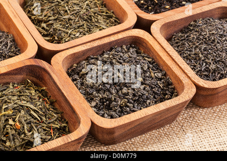 Bio-Grüntee-Proben in quadratischen Holzschalen gegen Leinwand Stockfoto